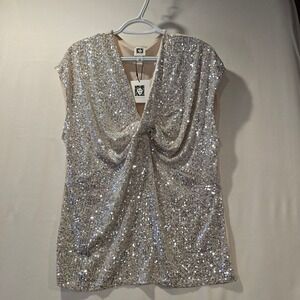 Anne Klein Champagne Sequin Twist Front Cap Sleeve Top XL